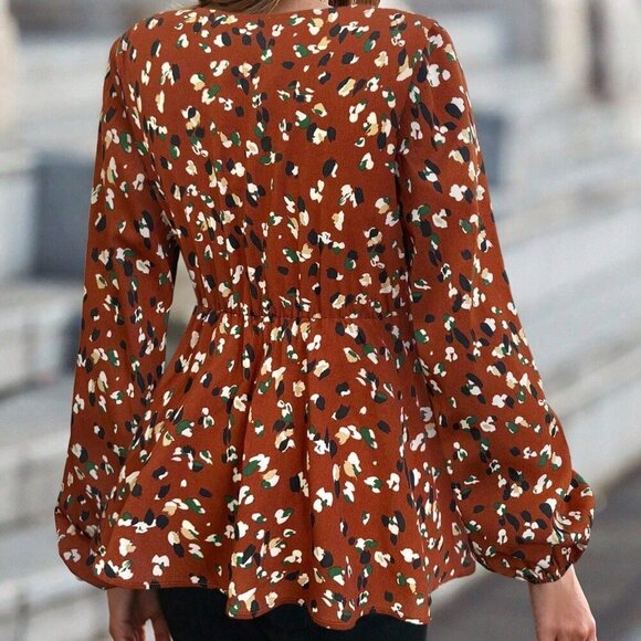 Brown Casual Women's Allover Print Lantern Sleeve Belted Peplum Blouse - Picture 2 of 6